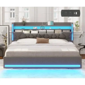 Metal King Bed with LED Lights & Charging Station, Upholstered Platform