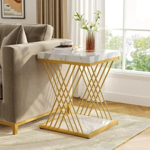 Square End Table White Gold 2-Tier Side Table Modern Small Bedside Table with Storage for Couch ( Faux Marble White+Gold)